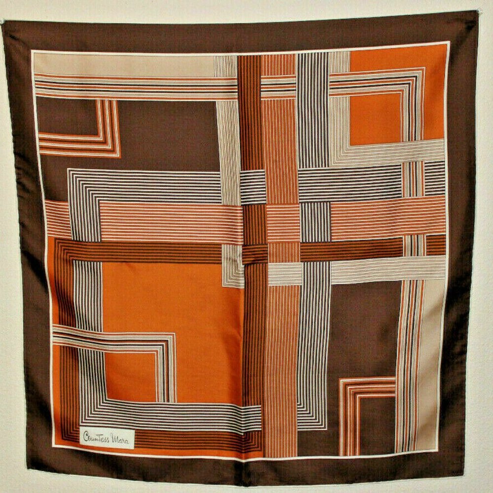 Vtg 70s Countess Mara Italy Women's Brown Silk Scarf Size-29x29 in